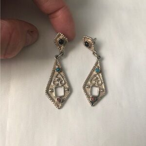 Vintage Sterling Silver Onyx Turquoise Coral Signed TM 206 Mexico 925 Earrings!!